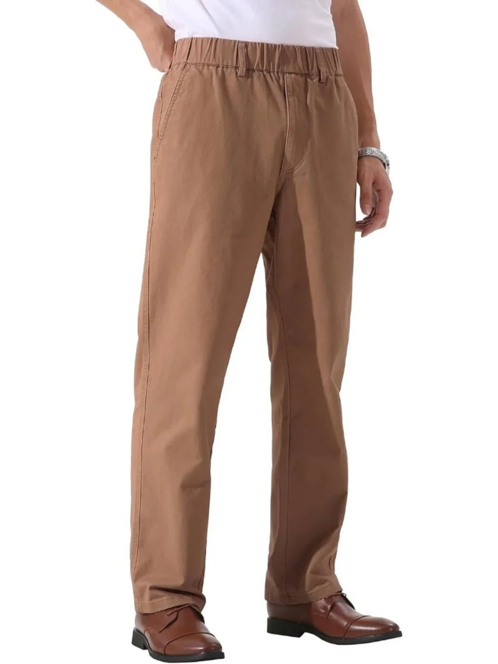 Men's Cotton Relaxed Fit Twill Pants with Full Elastic Waist - Comfortable